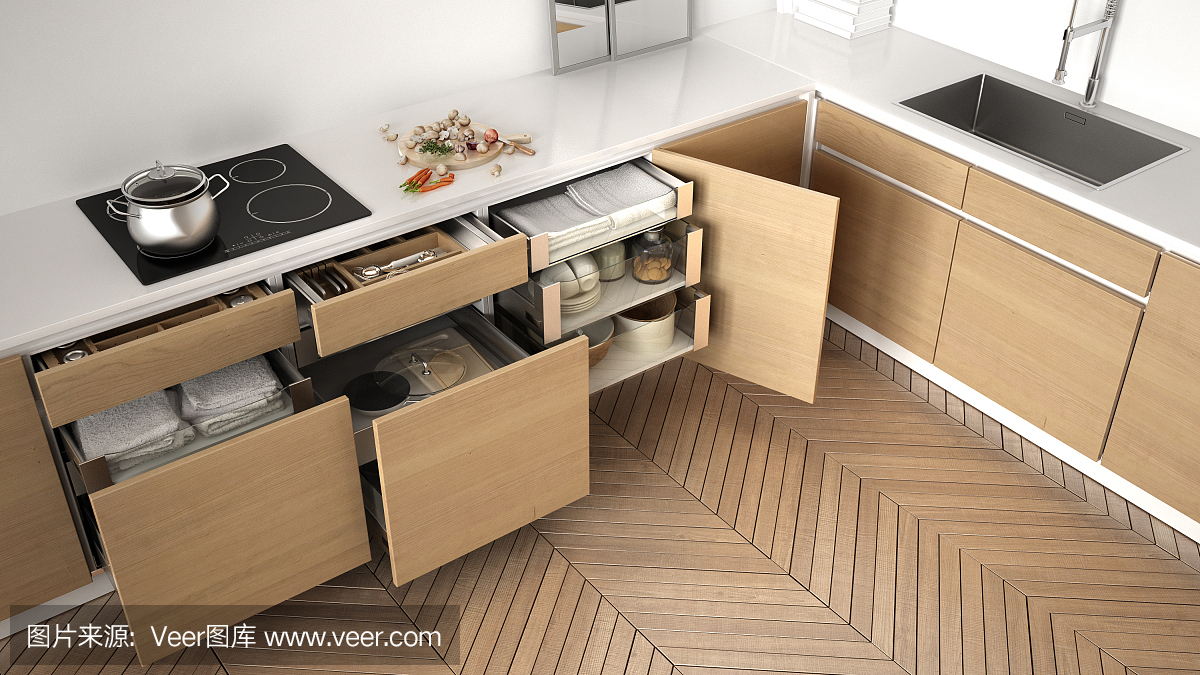 现代厨房俯视图,打开的木质抽屉内的配件,厨房存储解决方案,极简的室内设计